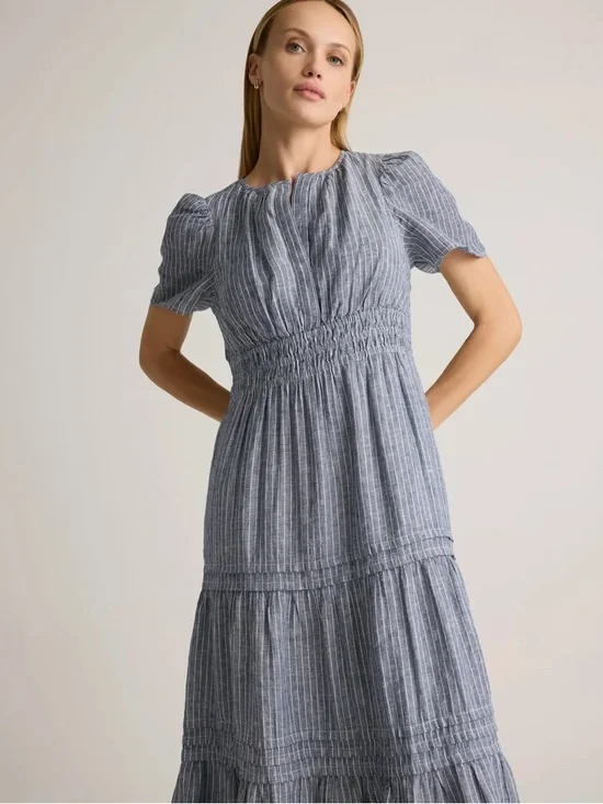 Quince Womens 100% European Linen Tiered Maxi Dress Chambray Stripe XL - Picture 2 of 11